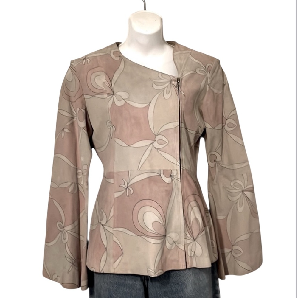 B lucid ltd Vintage Suede Leather Aysemmetrical Flare Sleeve Boho Zipper Jacket